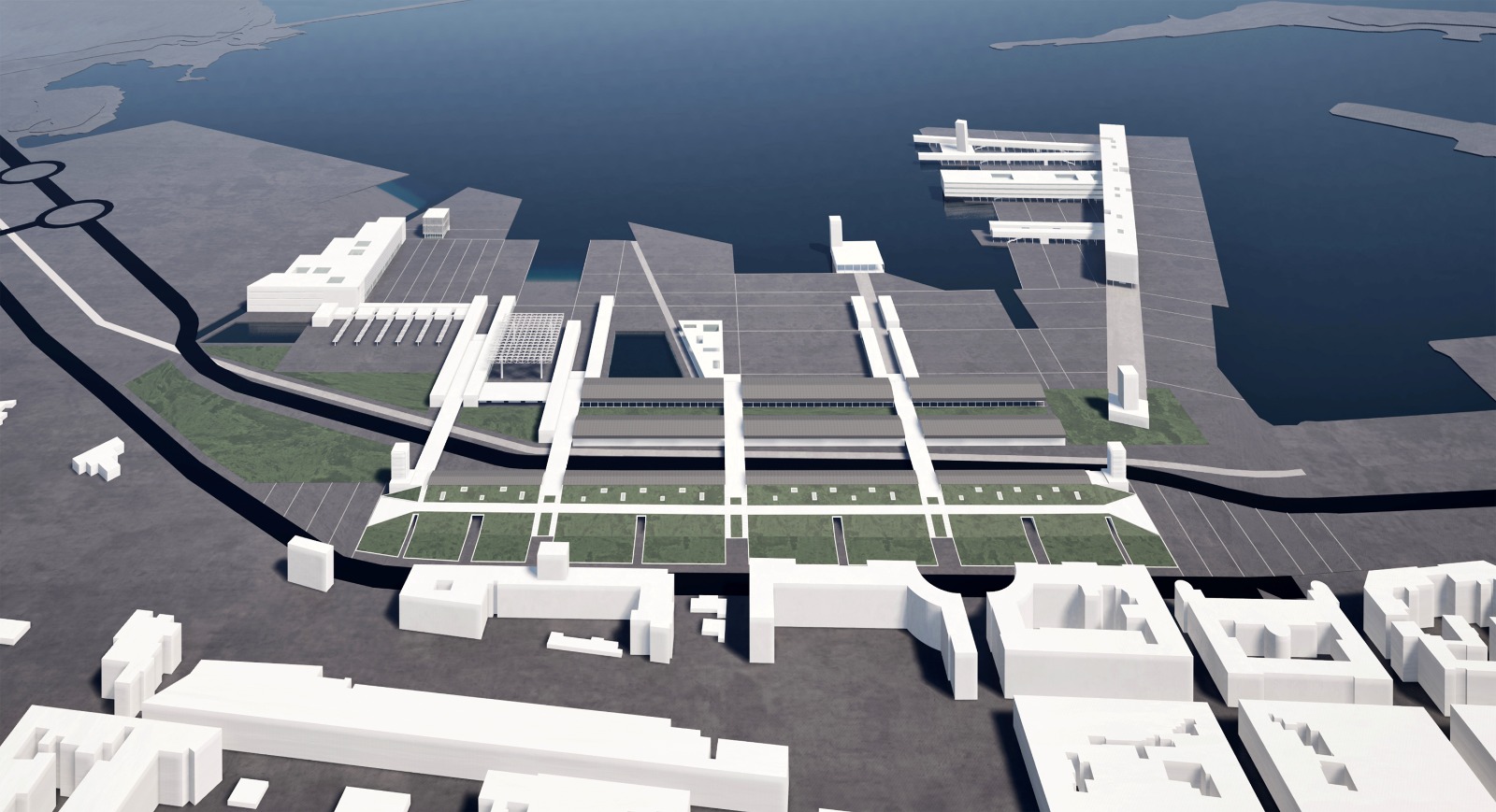Progetto hub visto dall'alto in rapporto al waterfront monumentale
