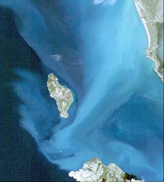 trasporto di sedimenti in sospensione per l'azione delle correnti provenienti da NNW Trasporto sedimenti